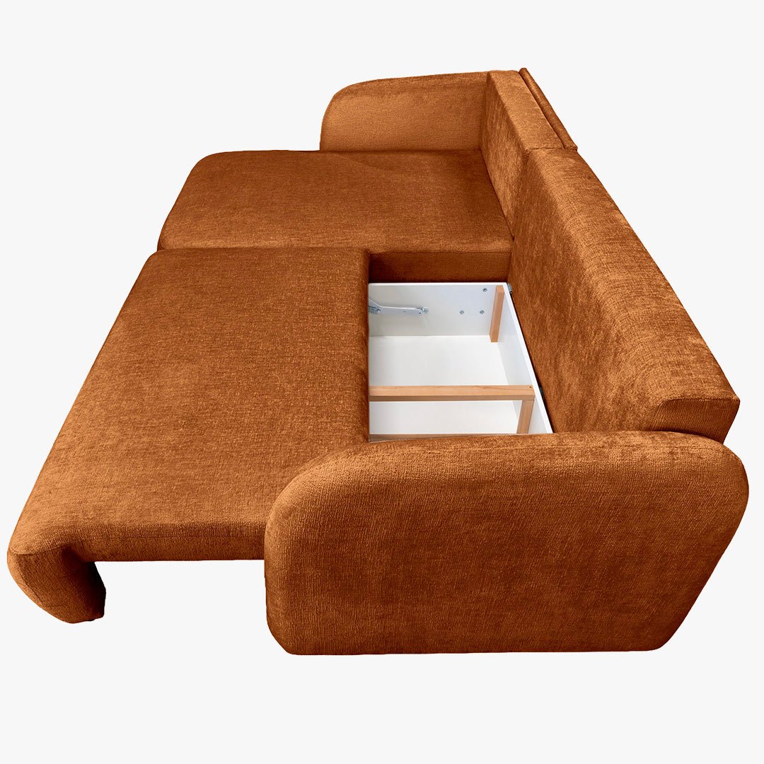 DRIXY Canapé d'angle convertible avec coffre en tissu orange - Angle gauche - Canapé d'angle convertible - Mobilier Deco