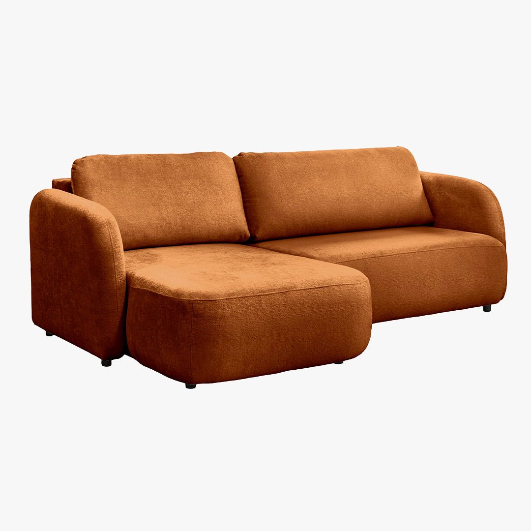 DRIXY Canapé d'angle convertible avec coffre en tissu orange - Angle gauche - Canapé d'angle convertible - Mobilier Deco
