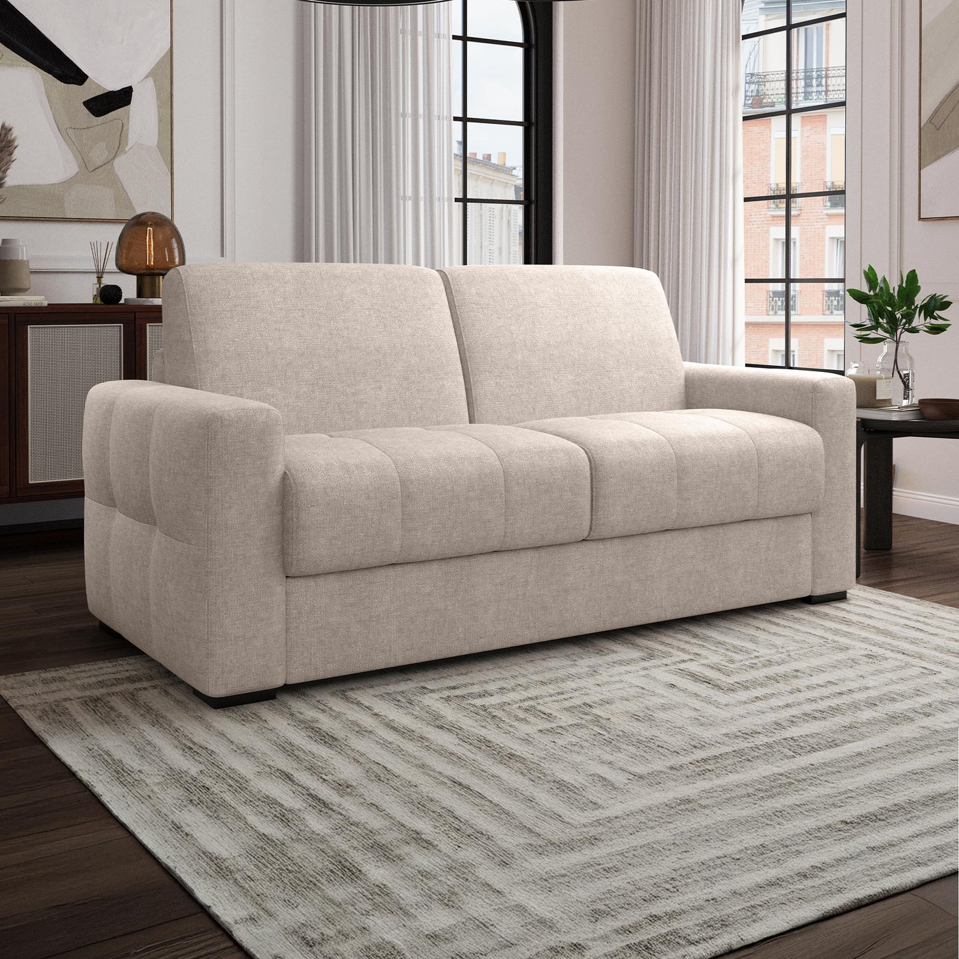 DYLANE Canapé 3 places convertible tissu capitonné beige matelas 22 cm - Canapés convertibles - Mobilier Deco