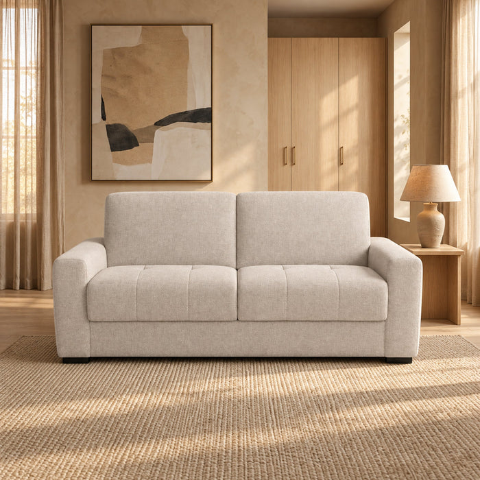DYLANE Canapé 3 places convertible tissu capitonné beige matelas 22 cm