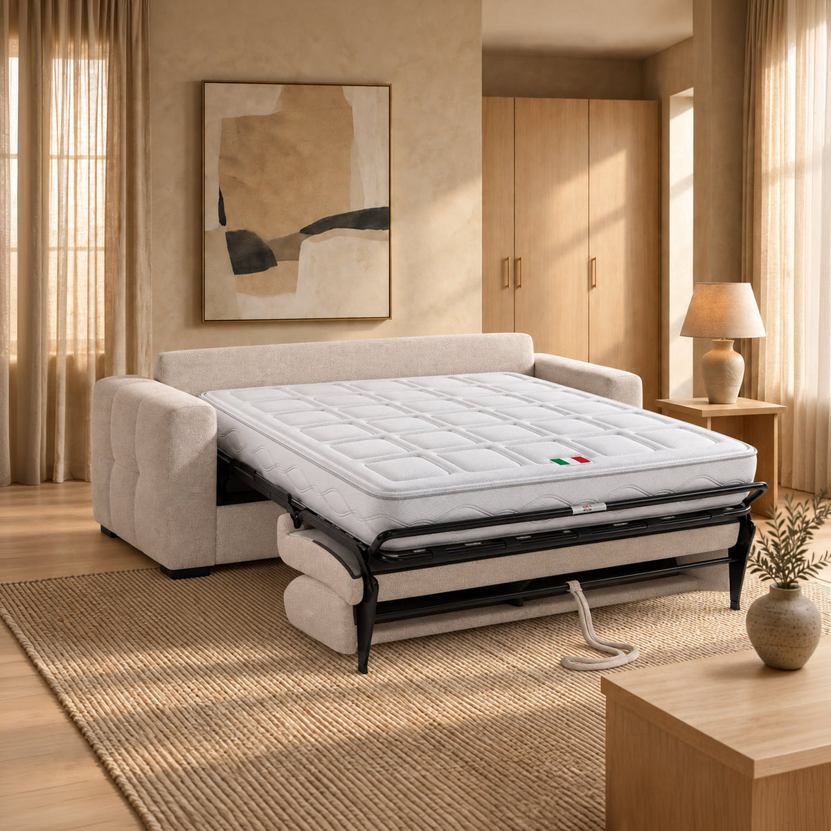 DYLANE Canapé 3 places convertible tissu capitonné beige matelas 22 cm - Canapés convertibles - Mobilier Deco