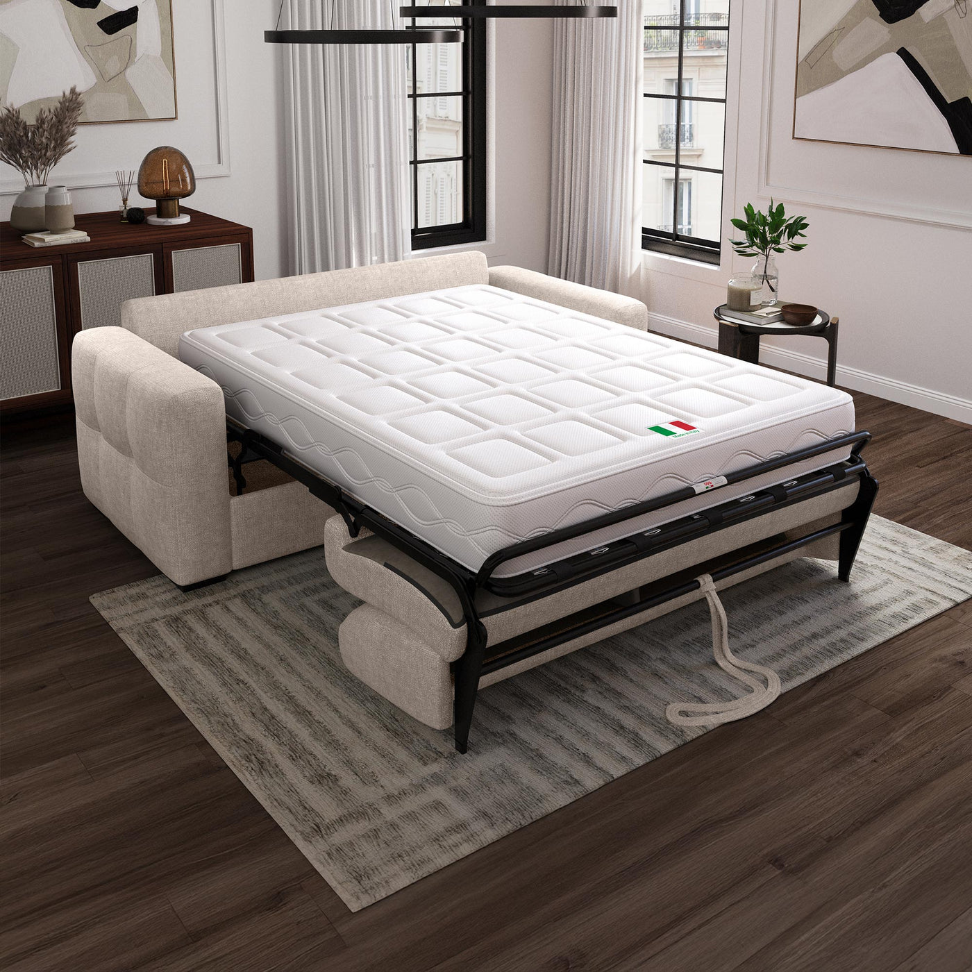 DYLANE Canapé 3 places convertible tissu capitonné beige matelas 22 cm - Canapés convertibles - Mobilier Deco