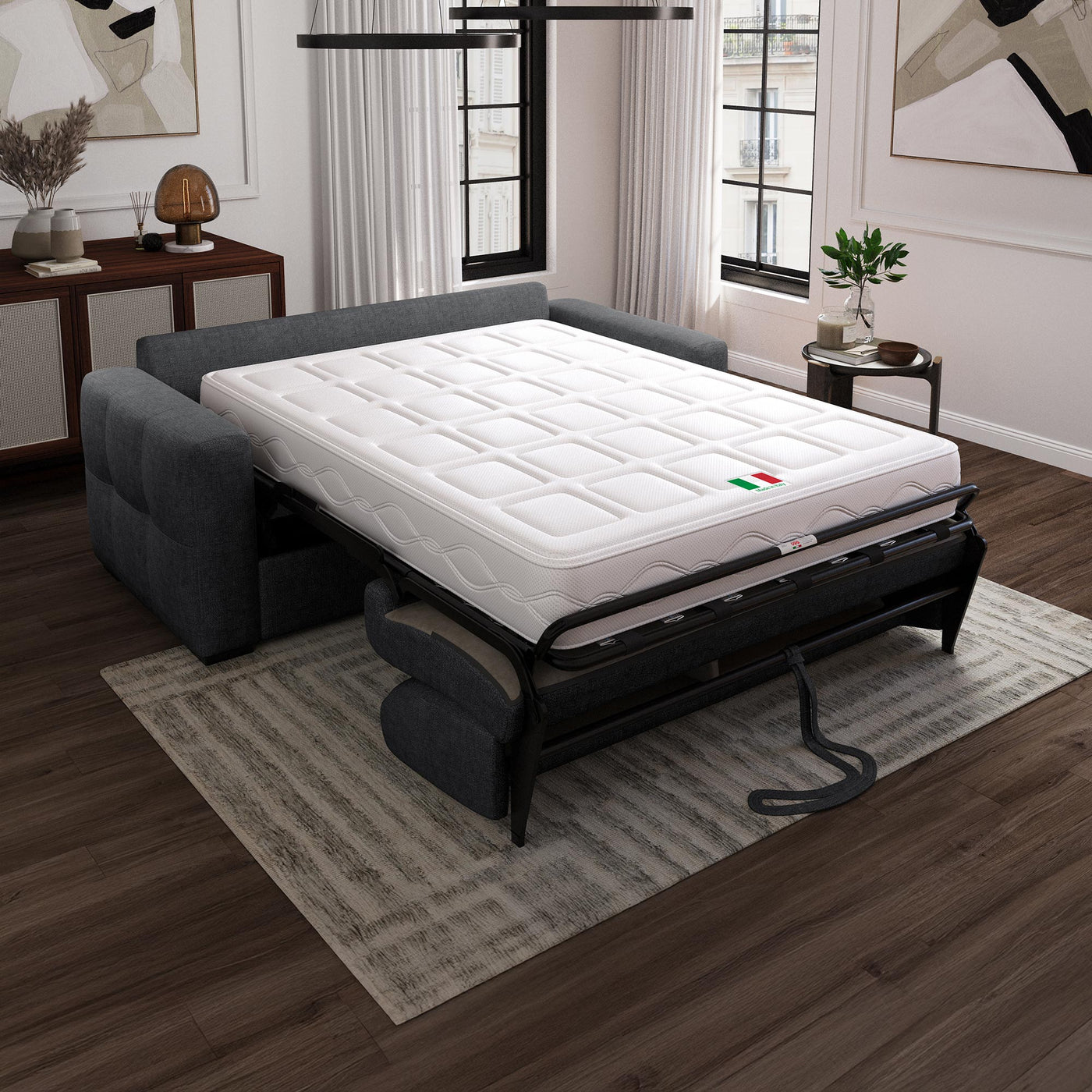 DYLANE Canapé 3 places convertible tissu capitonné gris anthracite matelas 22 cm - Canapés convertibles - Mobilier Deco