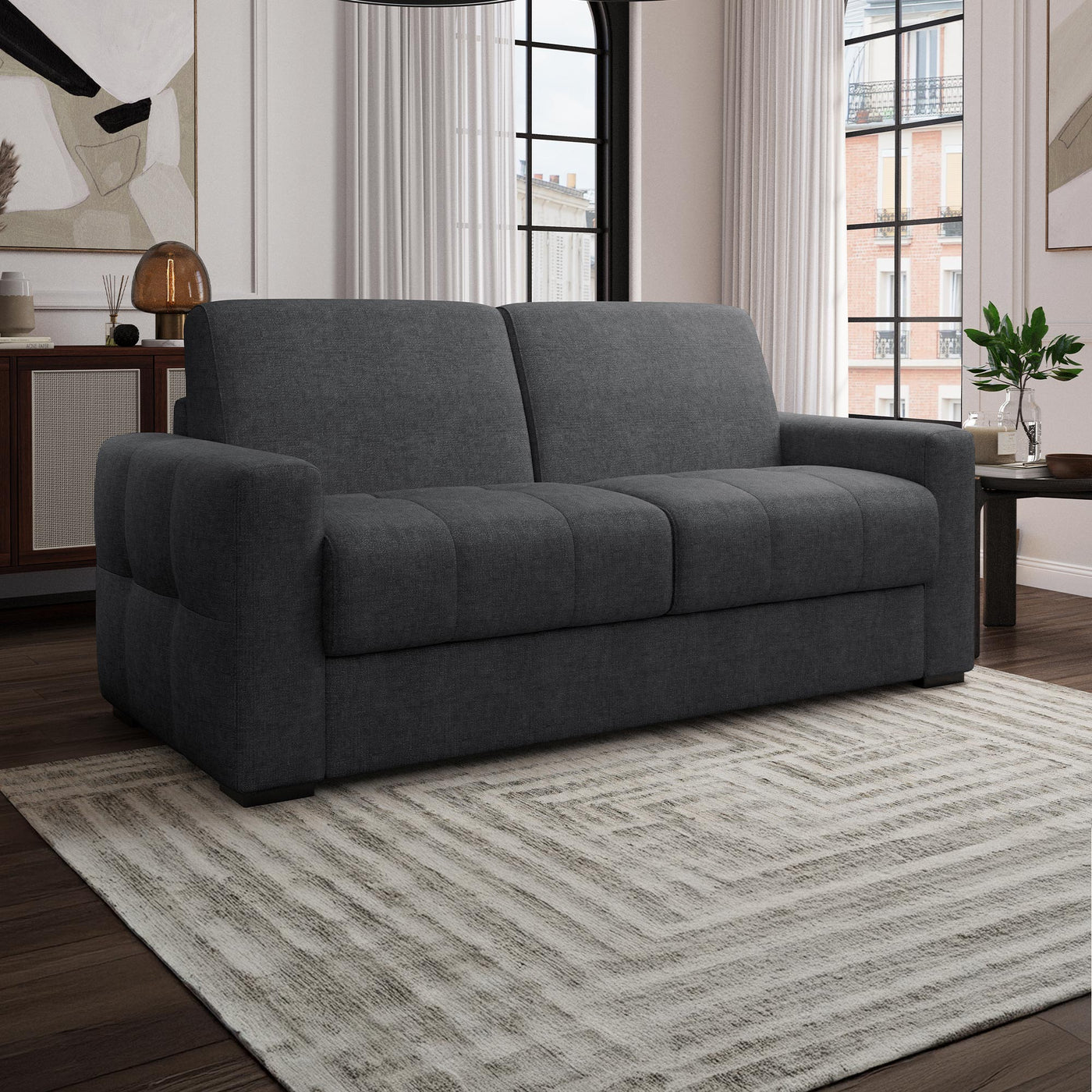 DYLANE Canapé 3 places convertible tissu capitonné gris anthracite matelas 22 cm - Canapés convertibles - Mobilier Deco
