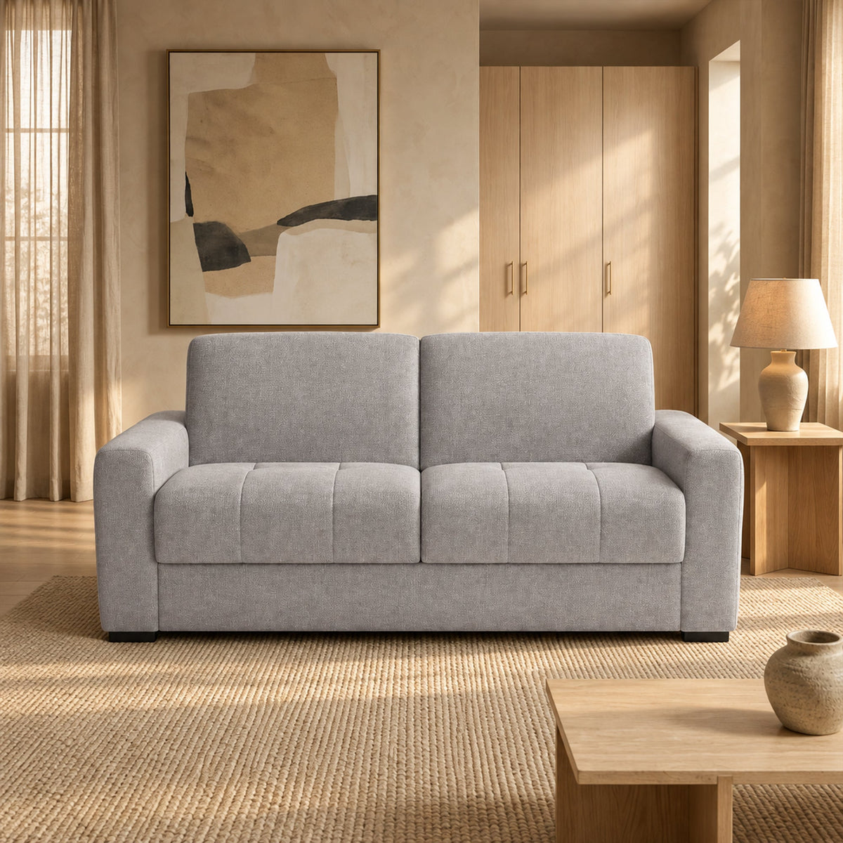 DYLANE Canapé 3 places convertible tissu capitonné gris clair matelas 22 cm - Canapés convertibles - Mobilier Deco
