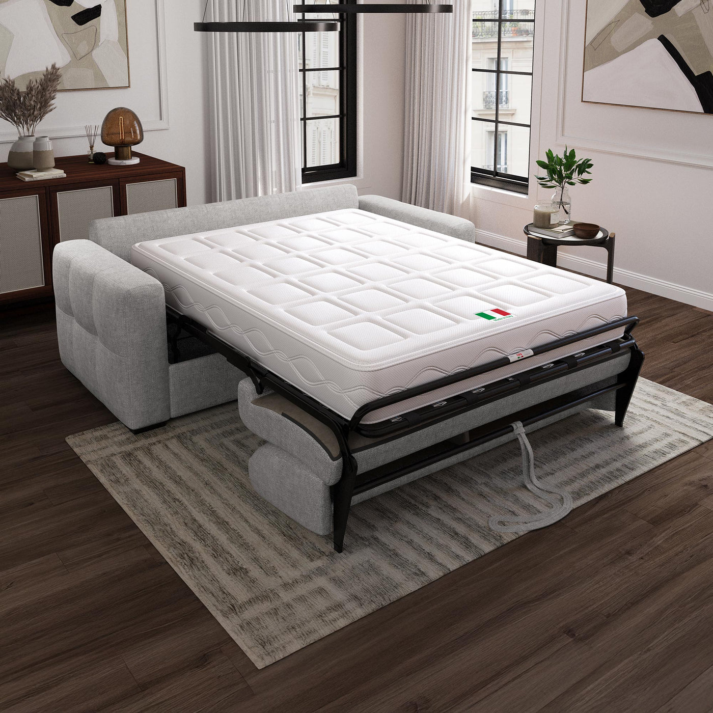 DYLANE Canapé 3 places convertible tissu capitonné gris clair matelas 22 cm - Canapés convertibles - Mobilier Deco