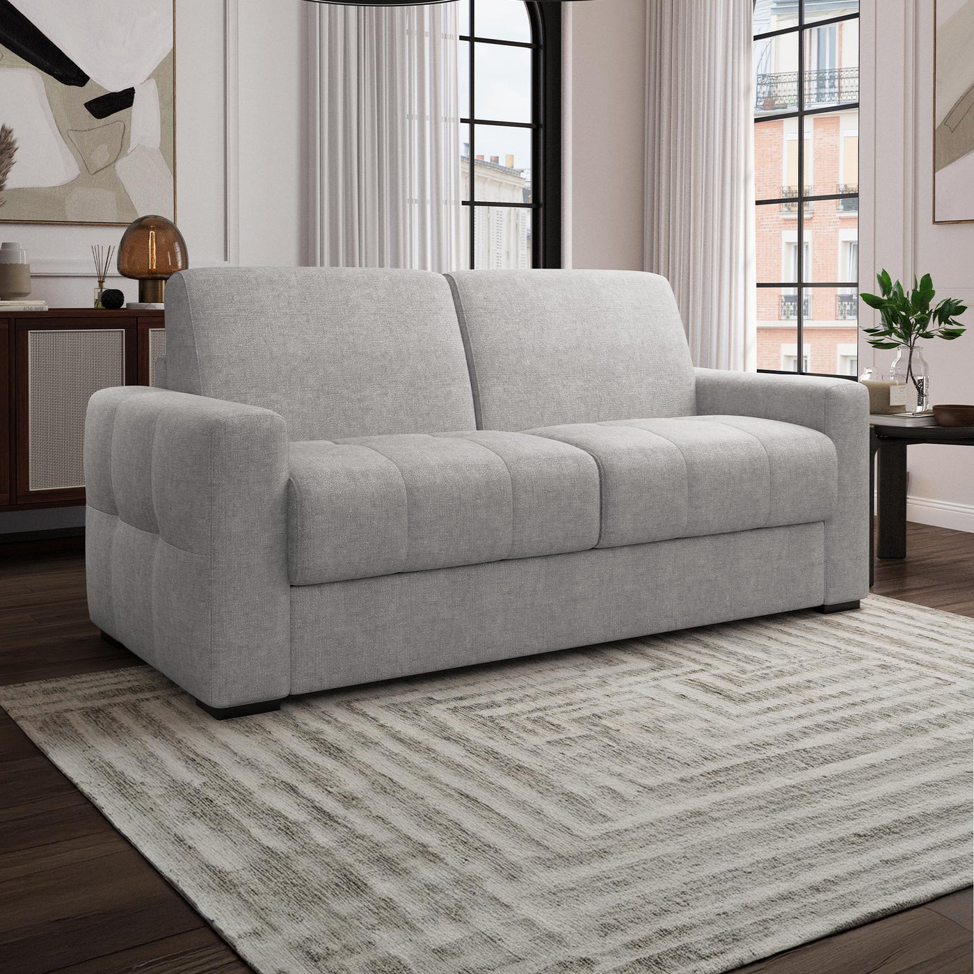 DYLANE Canapé 3 places convertible tissu capitonné gris clair matelas 22 cm - Canapés convertibles - Mobilier Deco