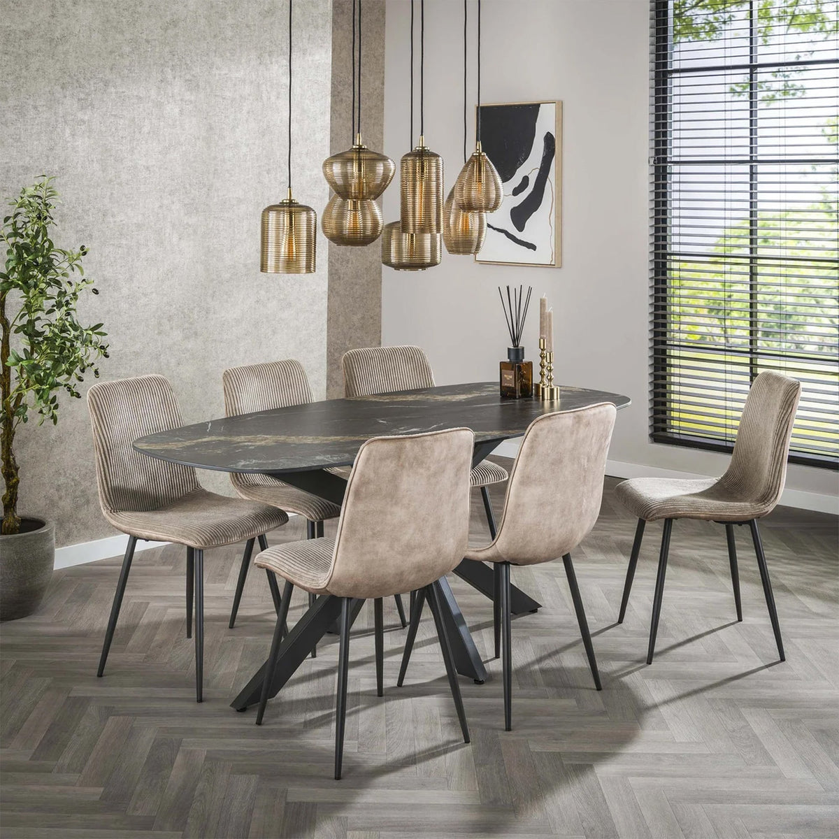EDENA Table à manger ovale en céramique noir et doré piètement en acier noir - Table à manger - Mobilier Deco