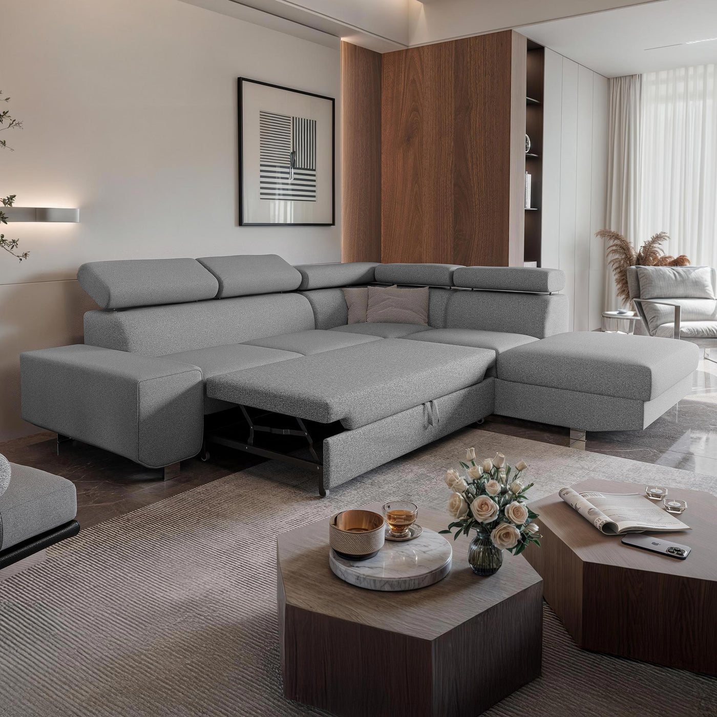 EIDEN Canapé d'angle convertible avec coffre en tissu gris clair - Angle droit - Canapé d'angle convertible - Mobilier Deco
