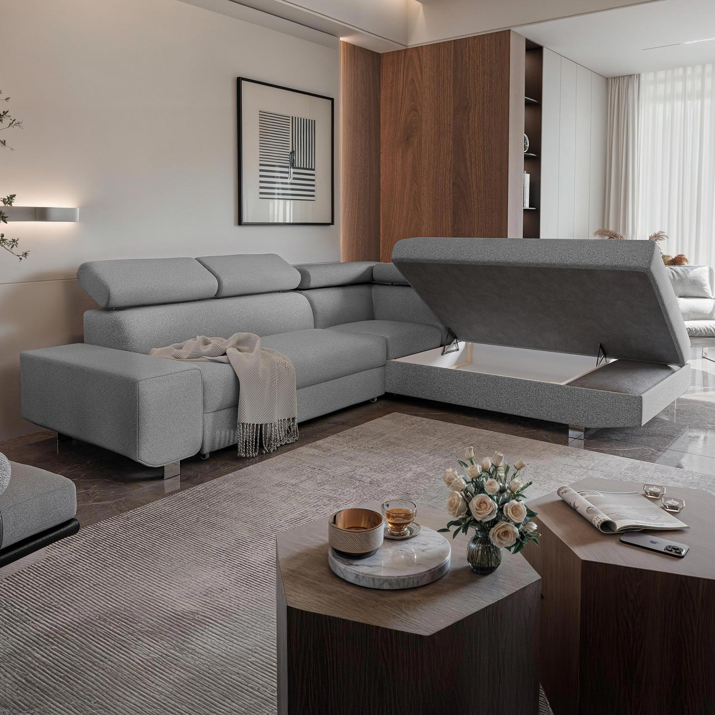 EIDEN Canapé d'angle convertible avec coffre en tissu gris clair - Angle droit - Canapé d'angle convertible - Mobilier Deco