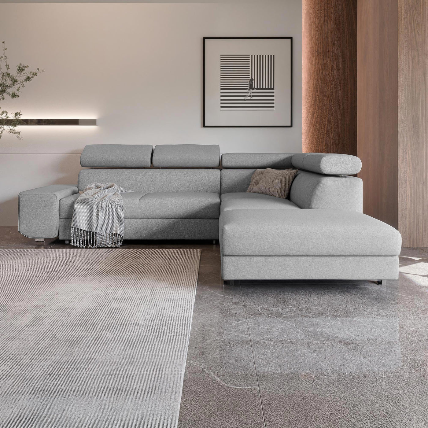 EIDEN Canapé d'angle convertible avec coffre en tissu gris clair - Angle droit - Canapé d'angle convertible - Mobilier Deco