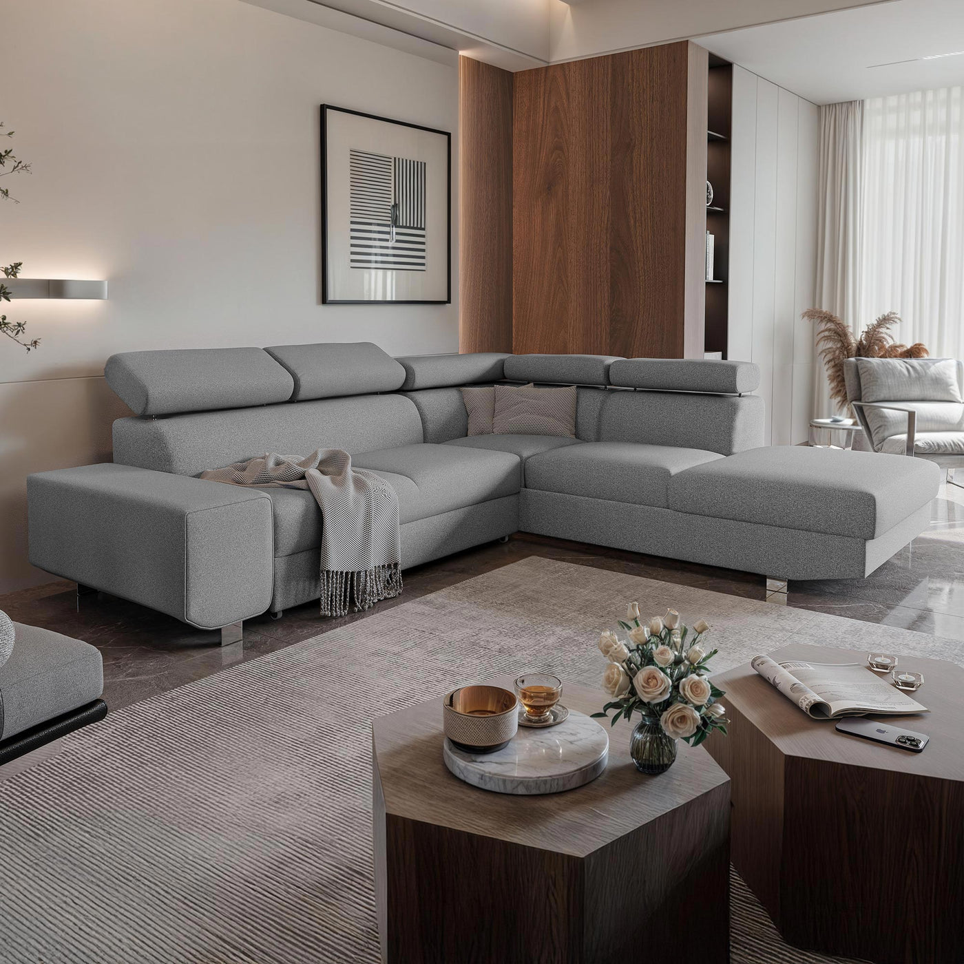 EIDEN Canapé d'angle convertible avec coffre en tissu gris clair - Angle droit - Canapé d'angle convertible - Mobilier Deco