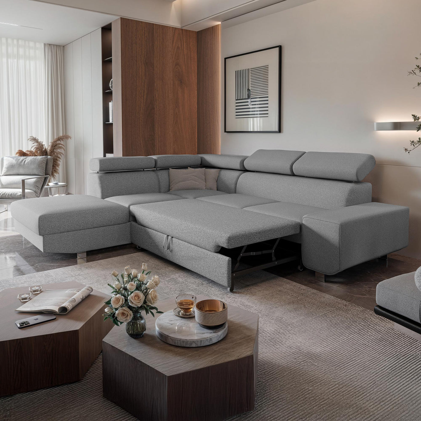 EIDEN Canapé d'angle convertible avec coffre en tissu gris clair - Angle gauche - Canapé d'angle convertible - Mobilier Deco