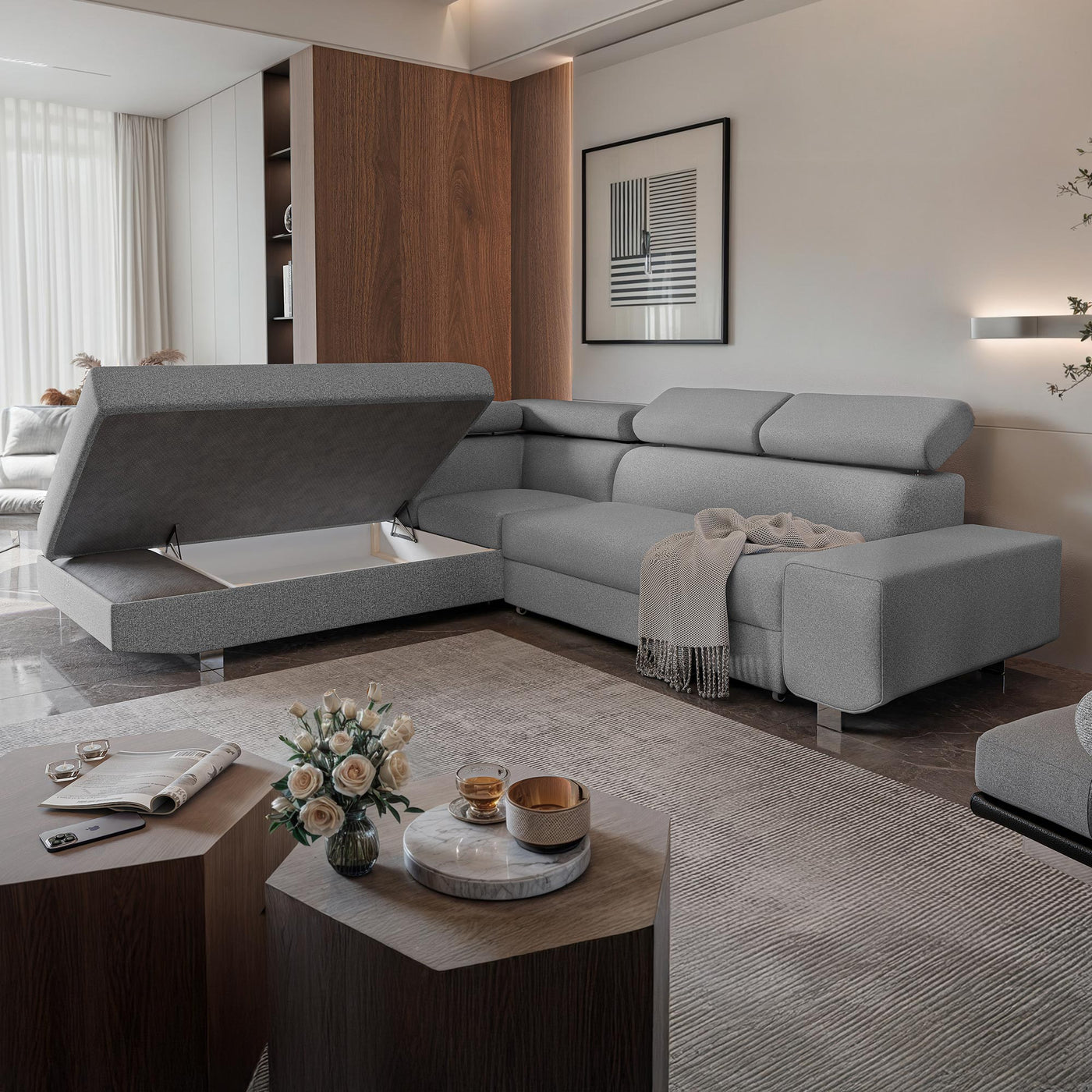 EIDEN Canapé d'angle convertible avec coffre en tissu gris clair - Angle gauche - Canapé d'angle convertible - Mobilier Deco