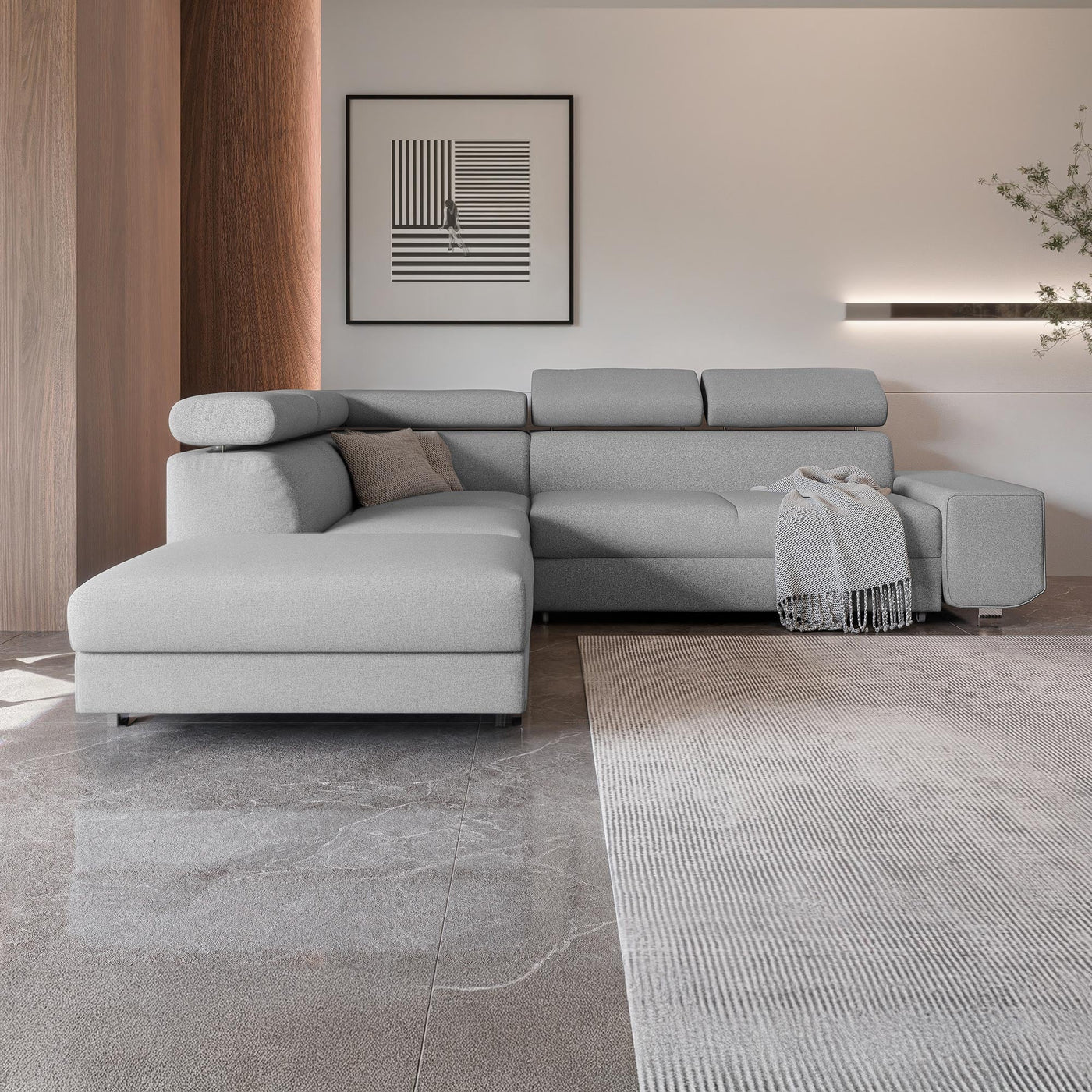 EIDEN Canapé d'angle convertible avec coffre en tissu gris clair - Angle gauche - Canapé d'angle convertible - Mobilier Deco