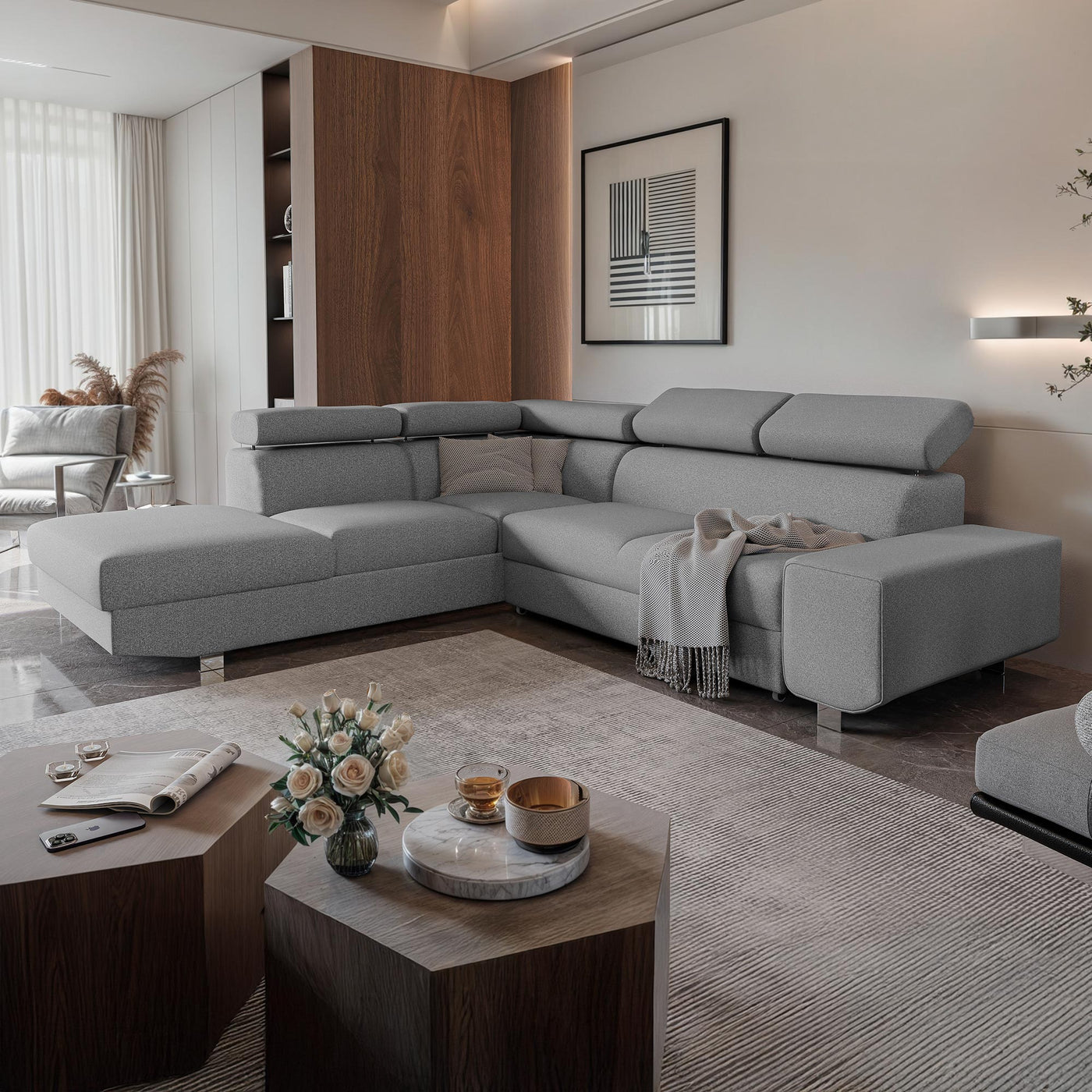 EIDEN Canapé d'angle convertible avec coffre en tissu gris clair - Angle gauche - Canapé d'angle convertible - Mobilier Deco
