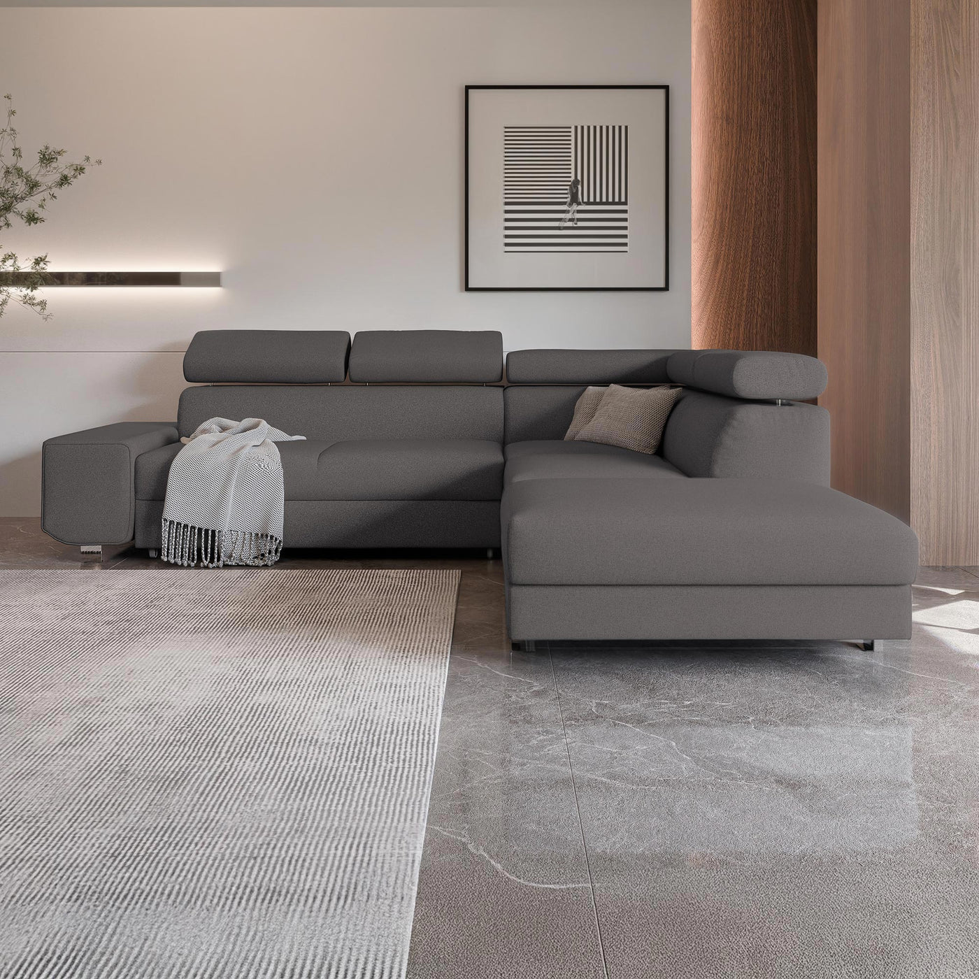 EIDEN Canapé d'angle convertible avec coffre en tissu gris foncé - Angle droit - Canapé d'angle convertible - Mobilier Deco