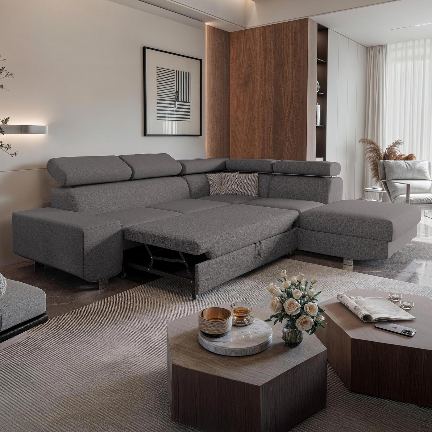 EIDEN Canapé d'angle convertible avec coffre en tissu gris foncé - Angle droit - Canapé d'angle convertible - Mobilier Deco