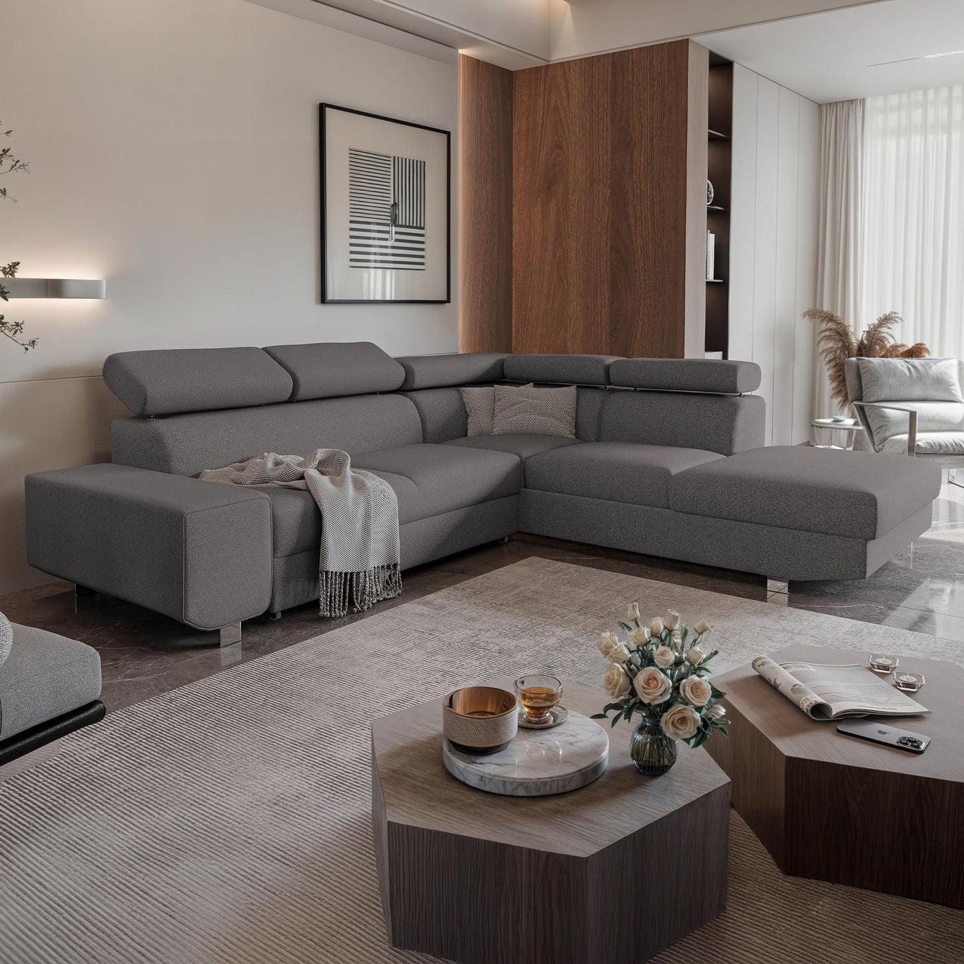 EIDEN Canapé d'angle convertible avec coffre en tissu gris foncé - Angle droit - Canapé d'angle convertible - Mobilier Deco