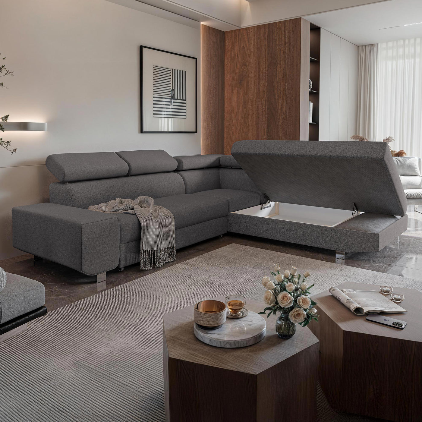 EIDEN Canapé d'angle convertible avec coffre en tissu gris foncé - Angle droit - Canapé d'angle convertible - Mobilier Deco