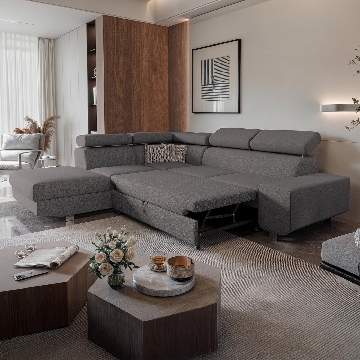 EIDEN Canapé d'angle convertible avec coffre en tissu gris foncé - Angle gauche - Canapé d'angle convertible - Mobilier Deco
