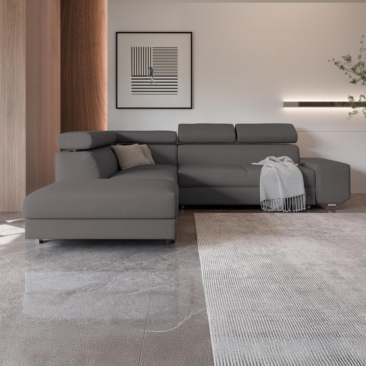 EIDEN Canapé d'angle convertible avec coffre en tissu gris foncé - Angle gauche - Canapé d'angle convertible - Mobilier Deco