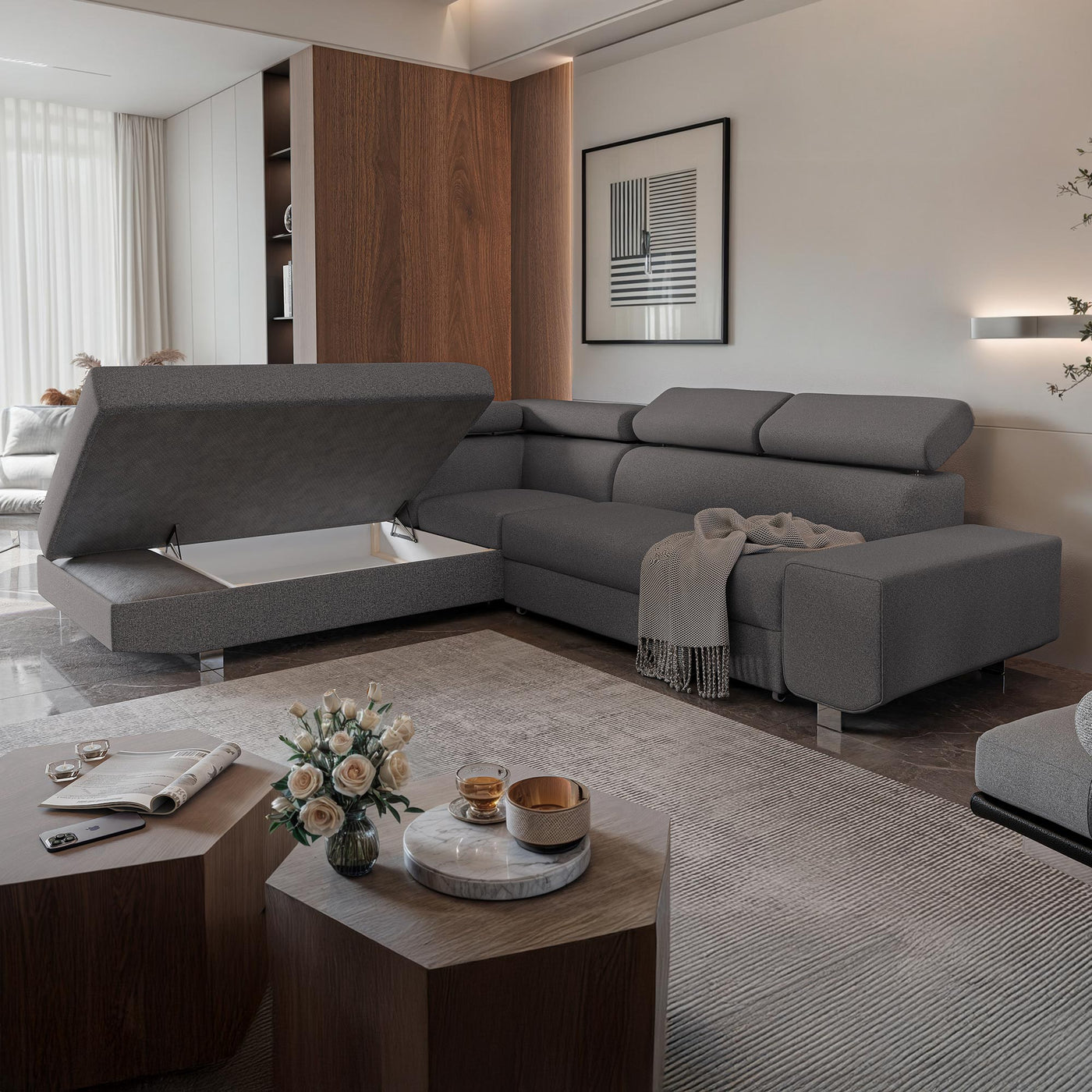 EIDEN Canapé d'angle convertible avec coffre en tissu gris foncé - Angle gauche - Canapé d'angle convertible - Mobilier Deco