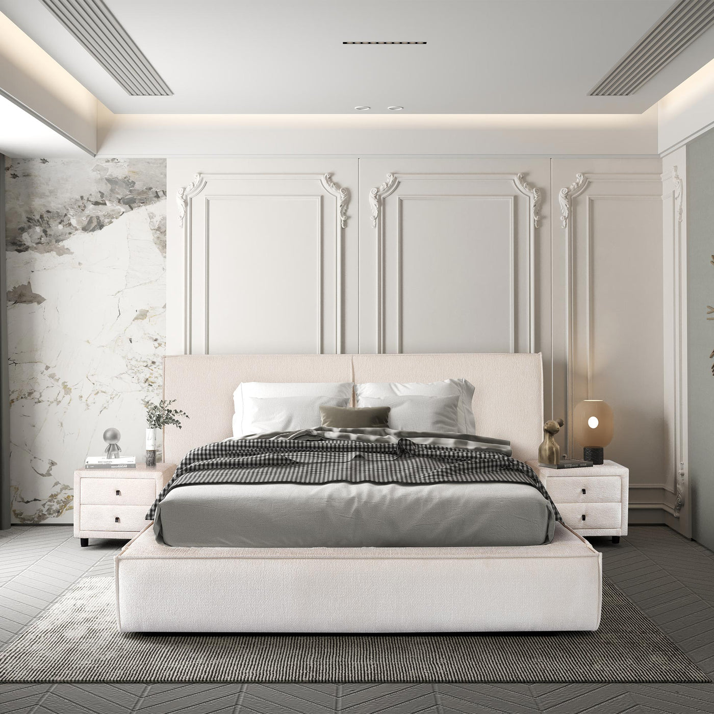ELANA Lit double en tissu beige avec coffre 140x190 cm - Lits - Mobilier Deco