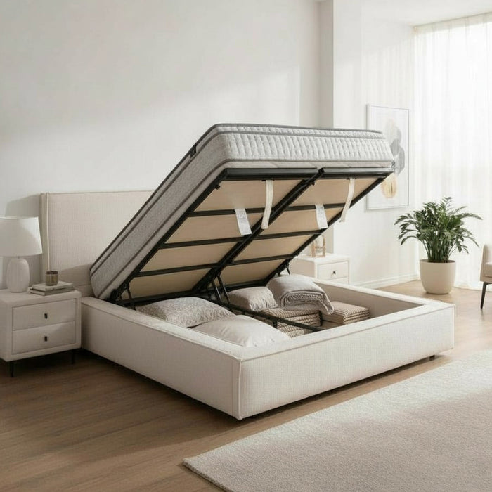 ELANA Lit double en tissu beige avec coffre 160x200 cm