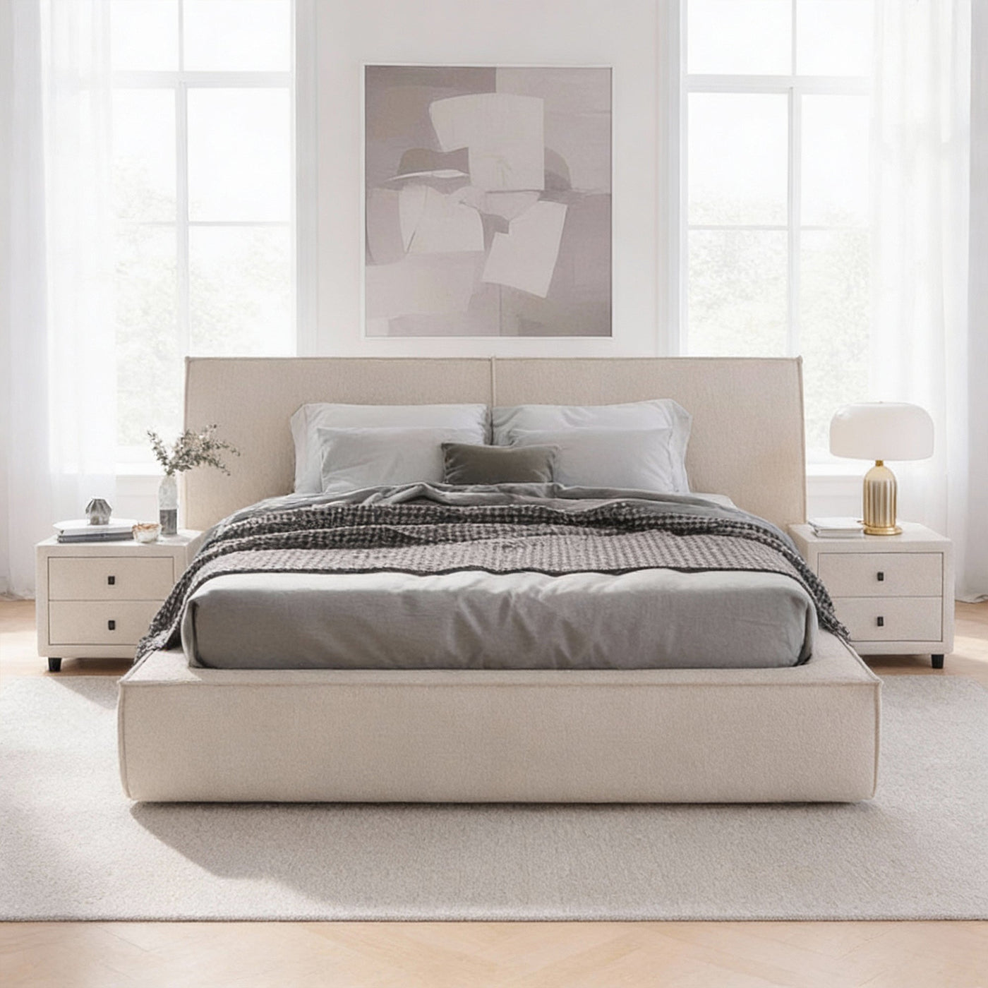 ELANA Lit double en tissu beige avec coffre 180x200 cm - Lits - Mobilier Deco