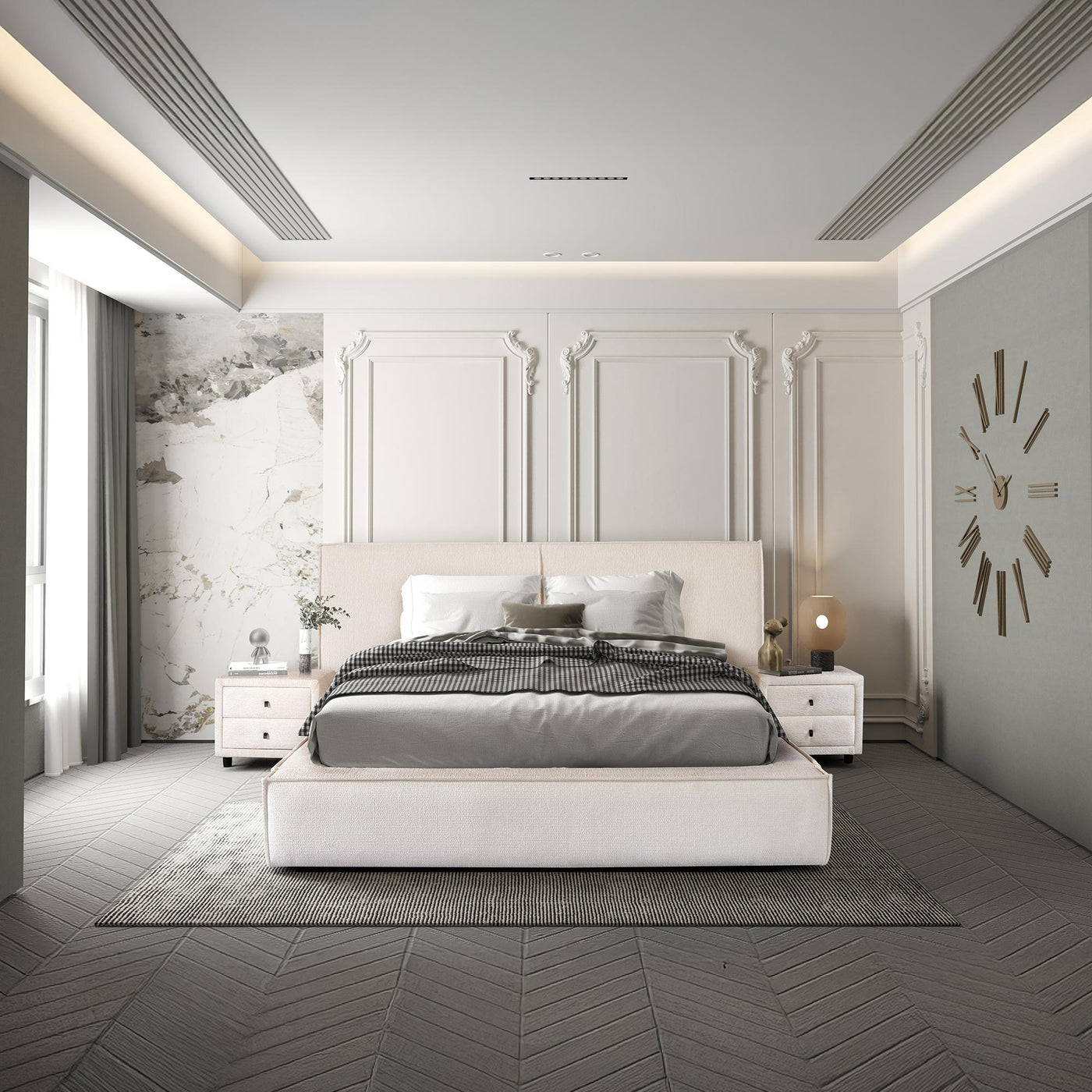 ELANA Lit double en tissu beige avec coffre 180x200 cm - Lits - Mobilier Deco