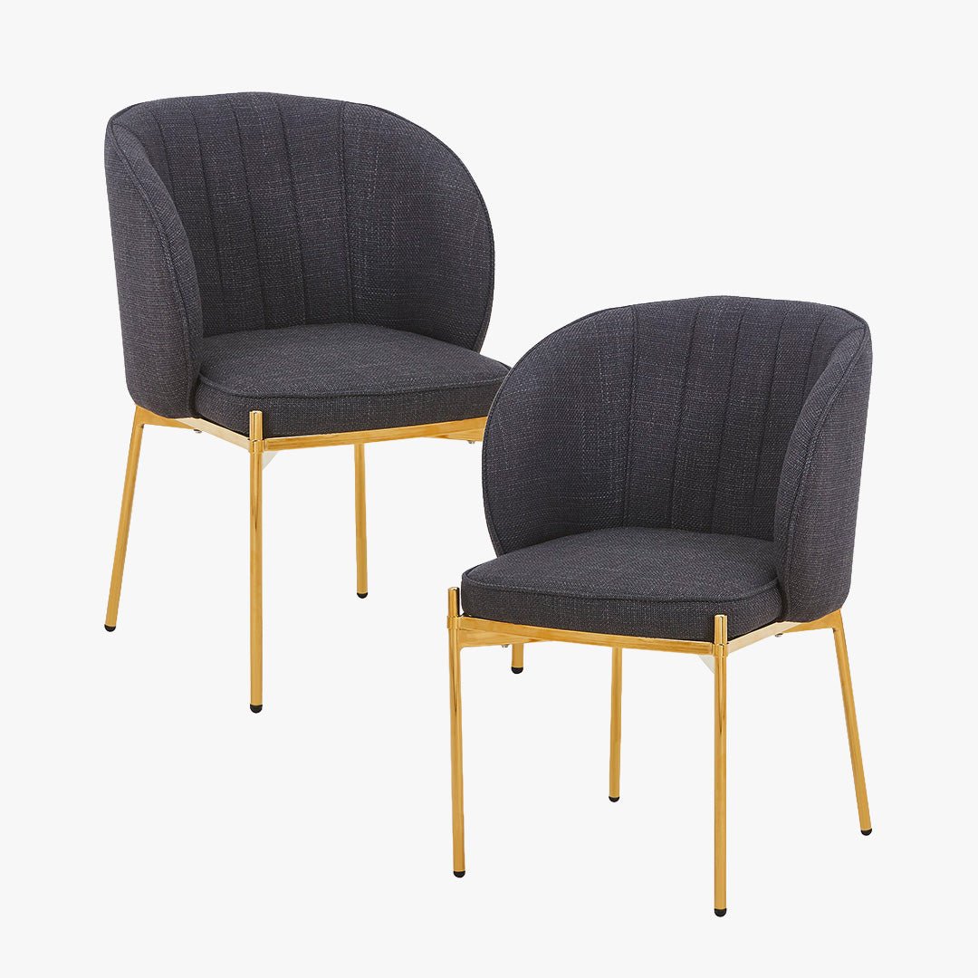 ELIANA Lot de 2 chaises en tissu noir pieds en métal doré - Chaise de repas - Mobilier Deco