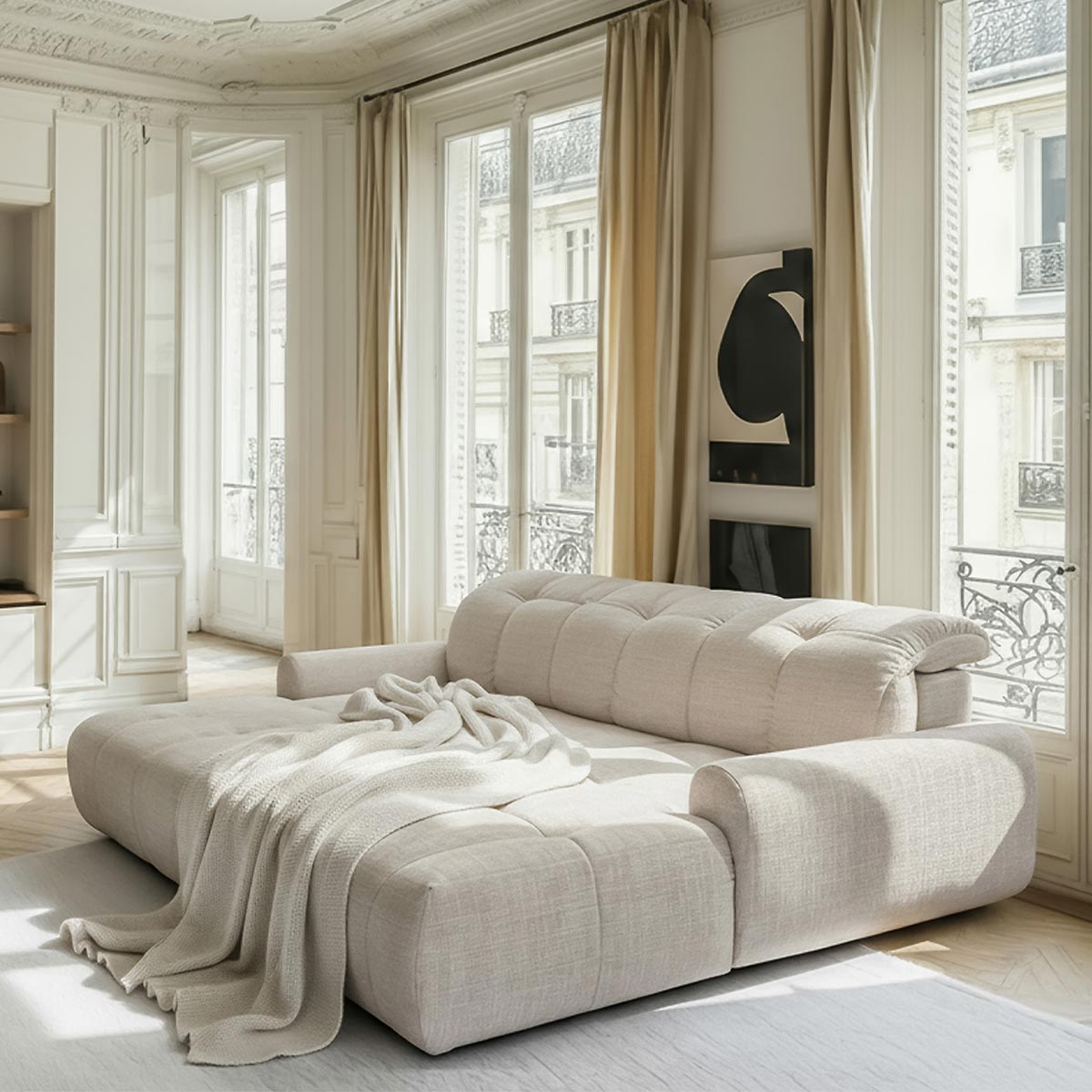 ELIOS Canapé d'angle convertible avec coffre en tissu beige - Angle droit - Canapé d'angle convertible - Mobilier Deco