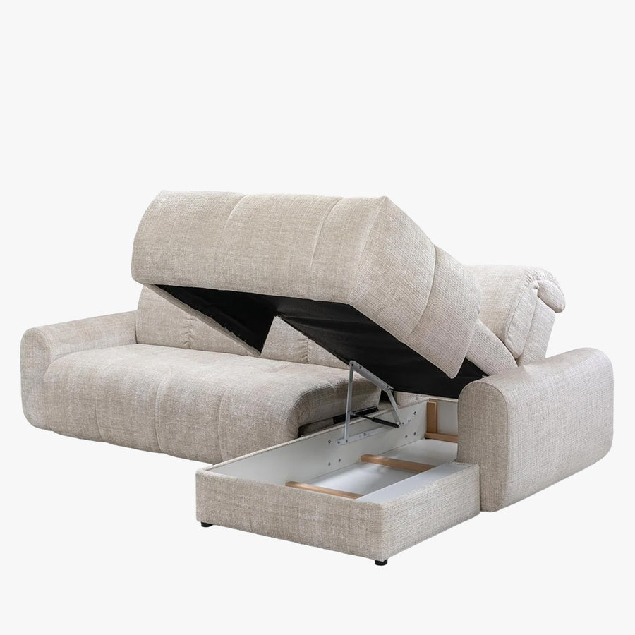 ELIOS Canapé d'angle convertible avec coffre en tissu beige - Angle droit — aperçu vidéo