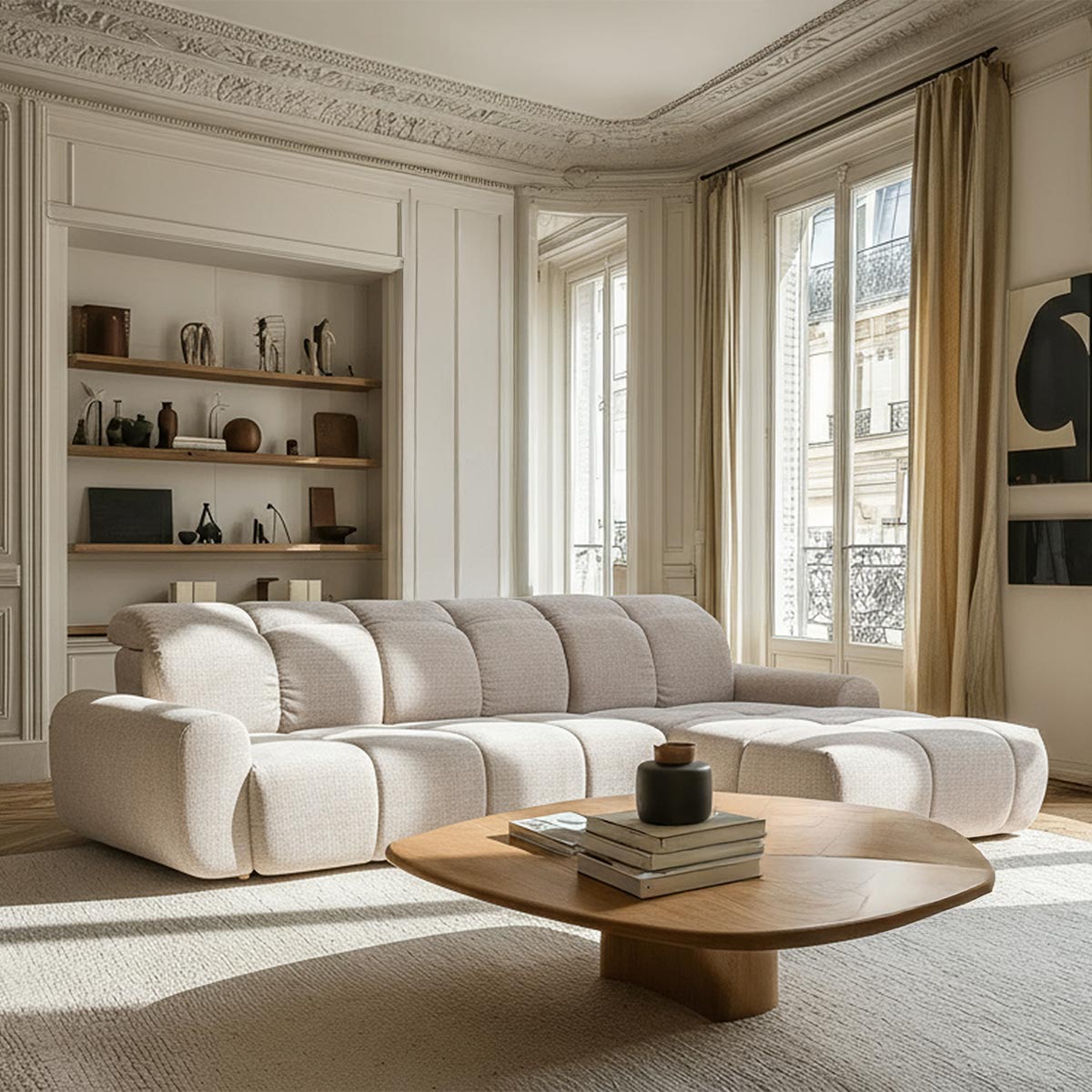 ELIOS Canapé d'angle convertible avec coffre en tissu beige - Angle gauche - Canapé d'angle convertible - Mobilier Deco