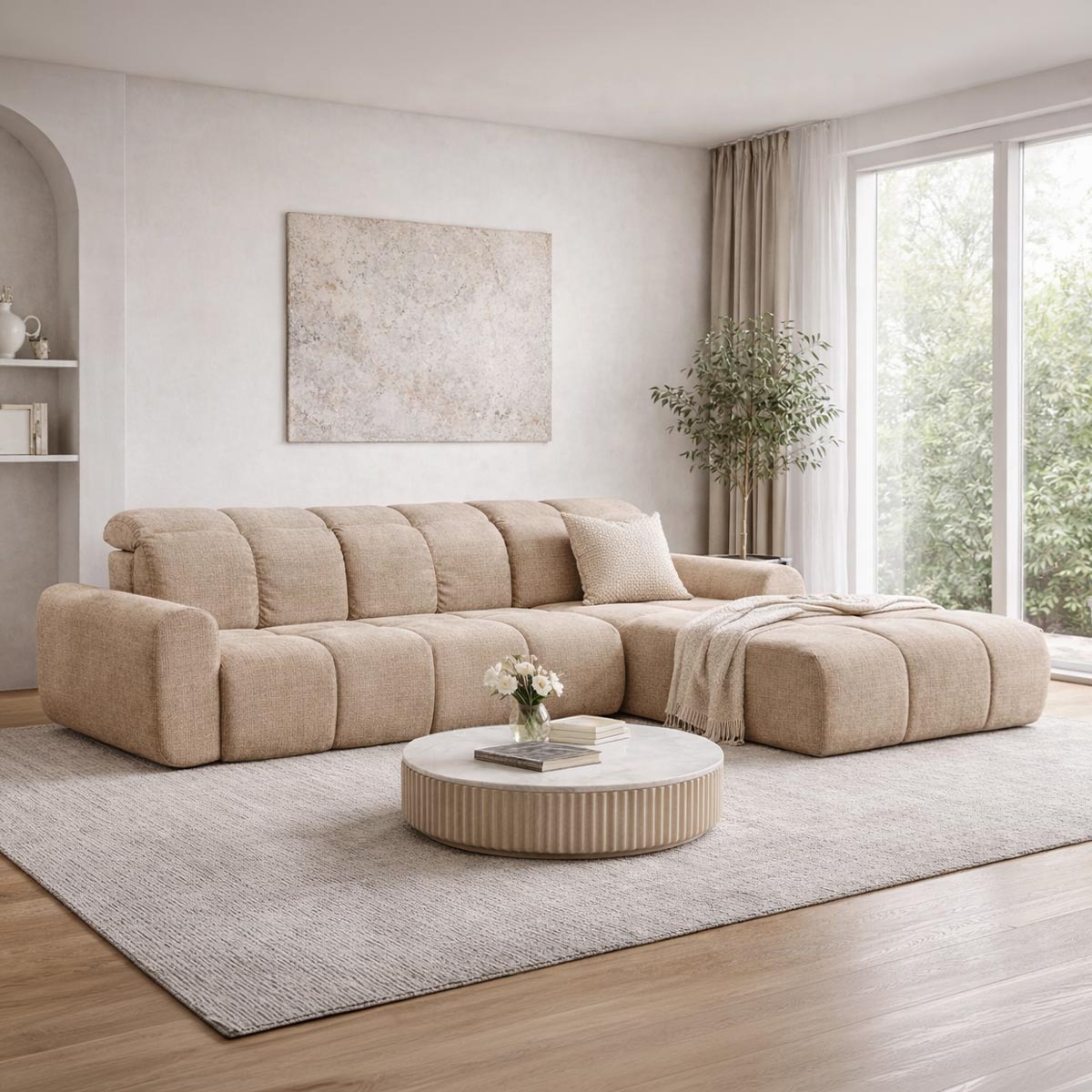 ELIOS Canapé d'angle convertible avec coffre en tissu taupe - Angle droit - Canapé d'angle convertible - Mobilier Deco