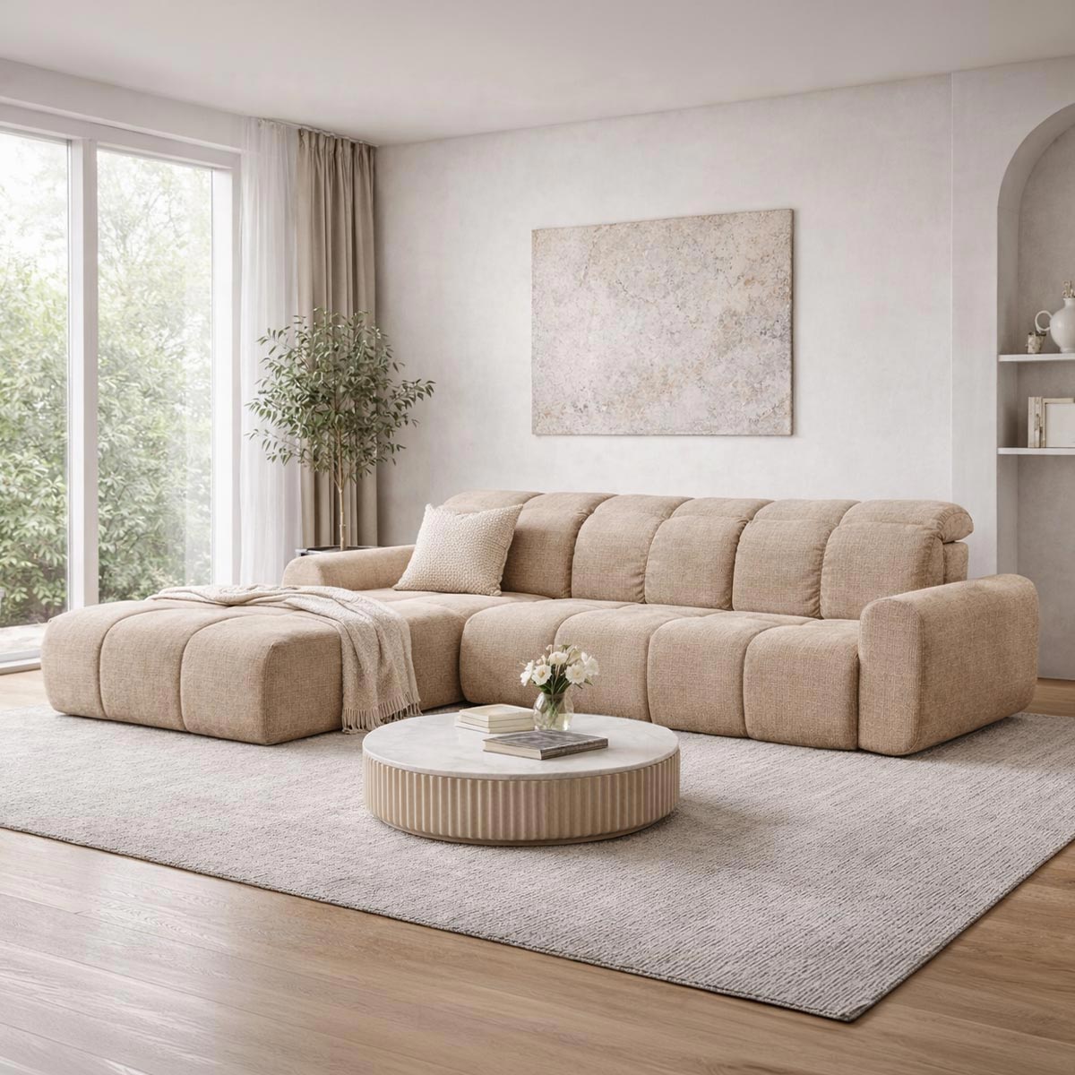 ELIOS Canapé d'angle convertible avec coffre en tissu taupe - Angle gauche - Canapé d'angle convertible - Mobilier Deco