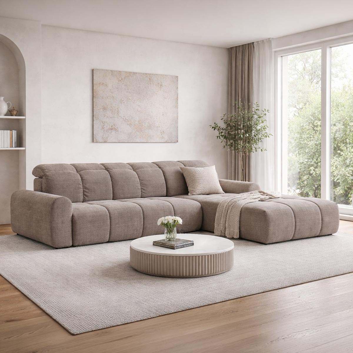 ELIOS Canapé d'angle convertible avec coffre en tissu taupe foncé - Angle droit - Canapé d'angle convertible - Mobilier Deco