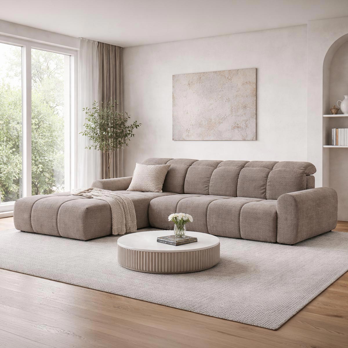 ELIOS Canapé d'angle convertible avec coffre en tissu taupe foncé - Angle gauche - Canapé d'angle convertible - Mobilier Deco