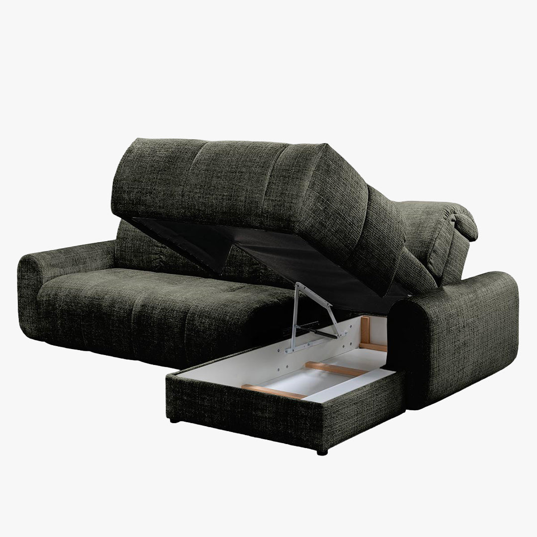 ELIOS Canapé d'angle convertible avec coffre en tissu vert sapin - Angle droit - Canapé d'angle convertible - Mobilier Deco