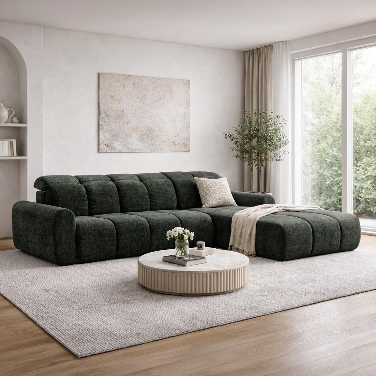 ELIOS Canapé d'angle convertible avec coffre en tissu vert sapin - Angle droit - Canapé d'angle convertible - Mobilier Deco