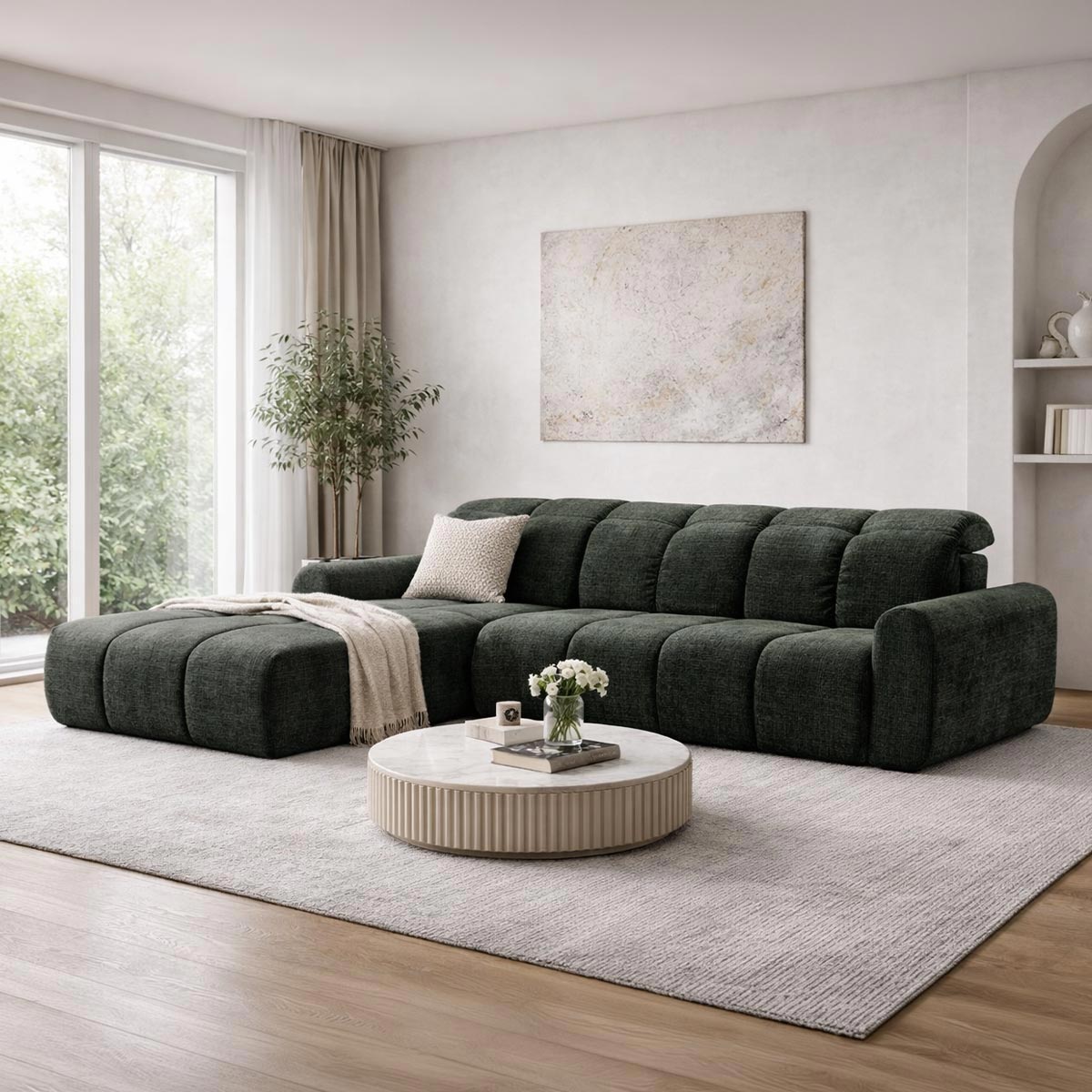 ELIOS Canapé d'angle convertible avec coffre en tissu vert sapin - Angle gauche - Canapé d'angle convertible - Mobilier Deco