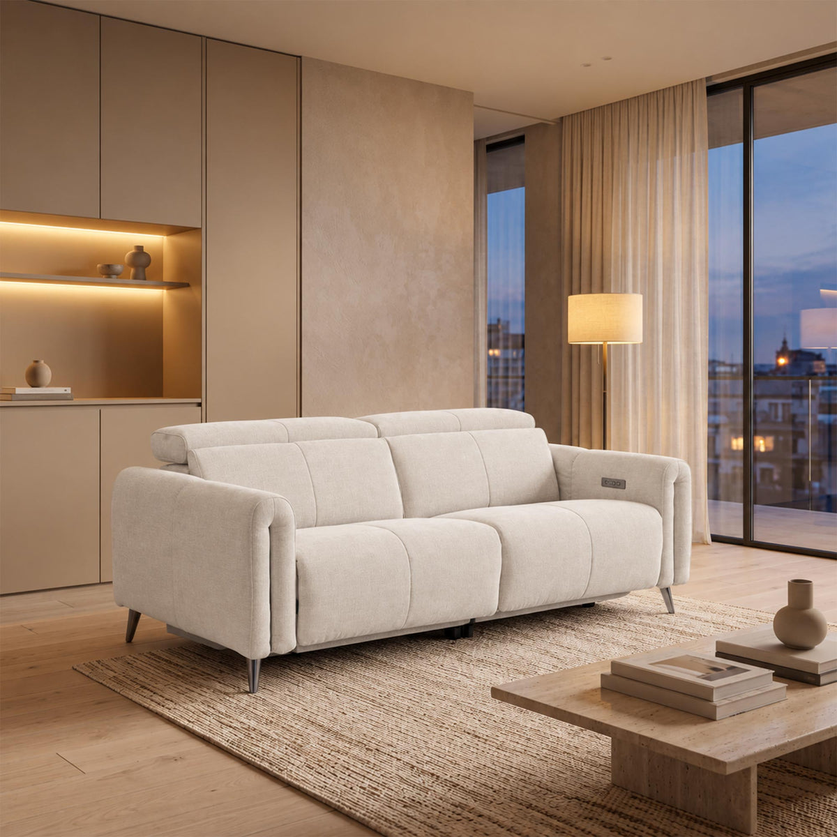 ELISE Canapé 3 places relax électrique en tissu beige - Canapé relax - Mobilier Deco