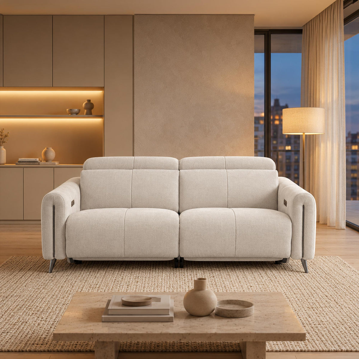 ELISE Canapé 3 places relax électrique en tissu beige - Canapé relax - Mobilier Deco