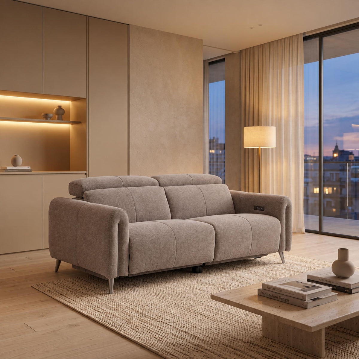ELISE Canapé 3 places relax électrique en tissu taupe - Canapé relax - Mobilier Deco