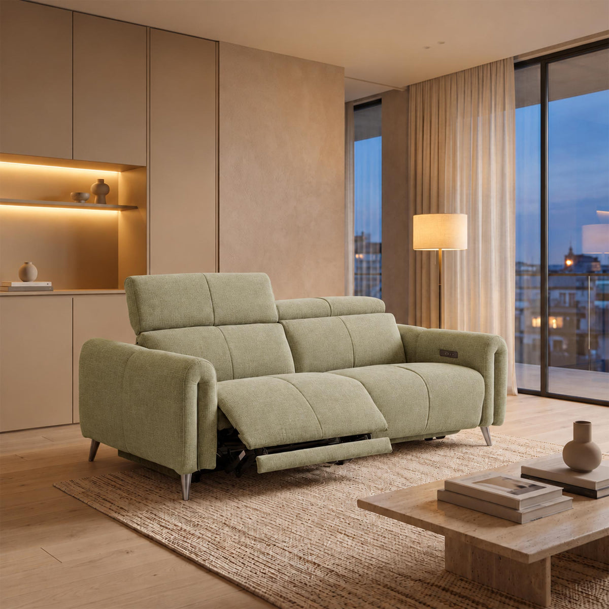 ELISE Canapé 3 places relax électrique en tissu vert clair - Canapé relax - Mobilier Deco
