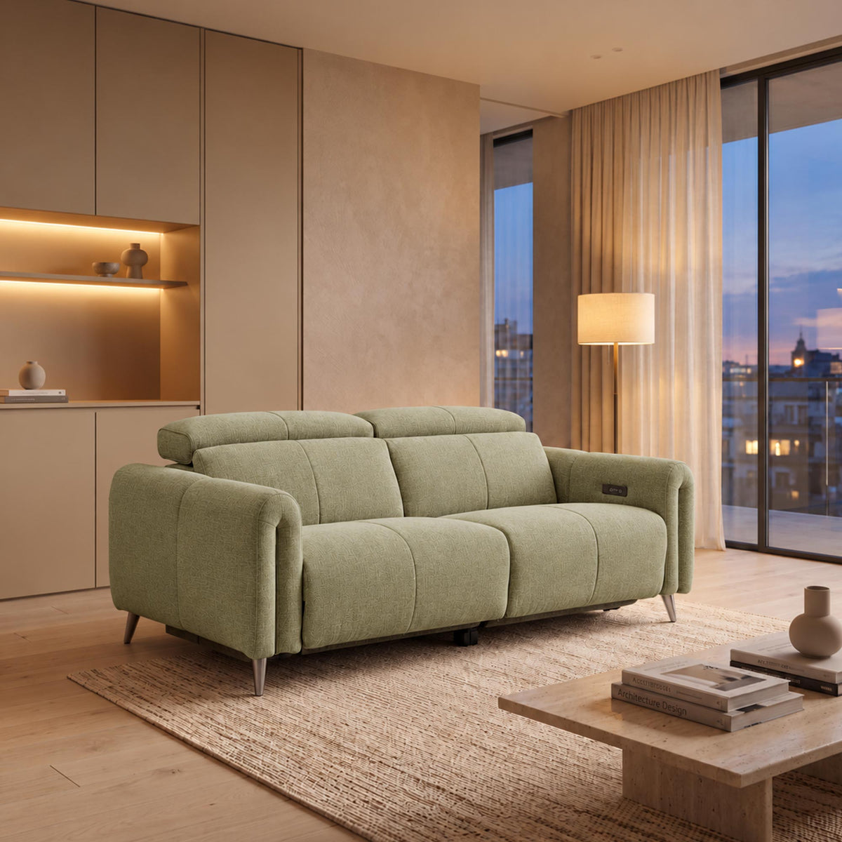 ELISE Canapé 3 places relax électrique en tissu vert clair - Canapé relax - Mobilier Deco