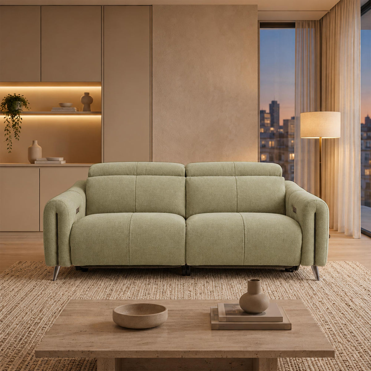 ELISE Canapé 3 places relax électrique en tissu vert clair - Canapé relax - Mobilier Deco