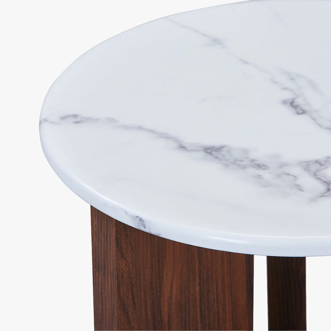 ELODIE - 45 Table d'appoint ronde en marbre composite pieds couleur bois foncé D45 cm - Table basse - Mobilier Deco