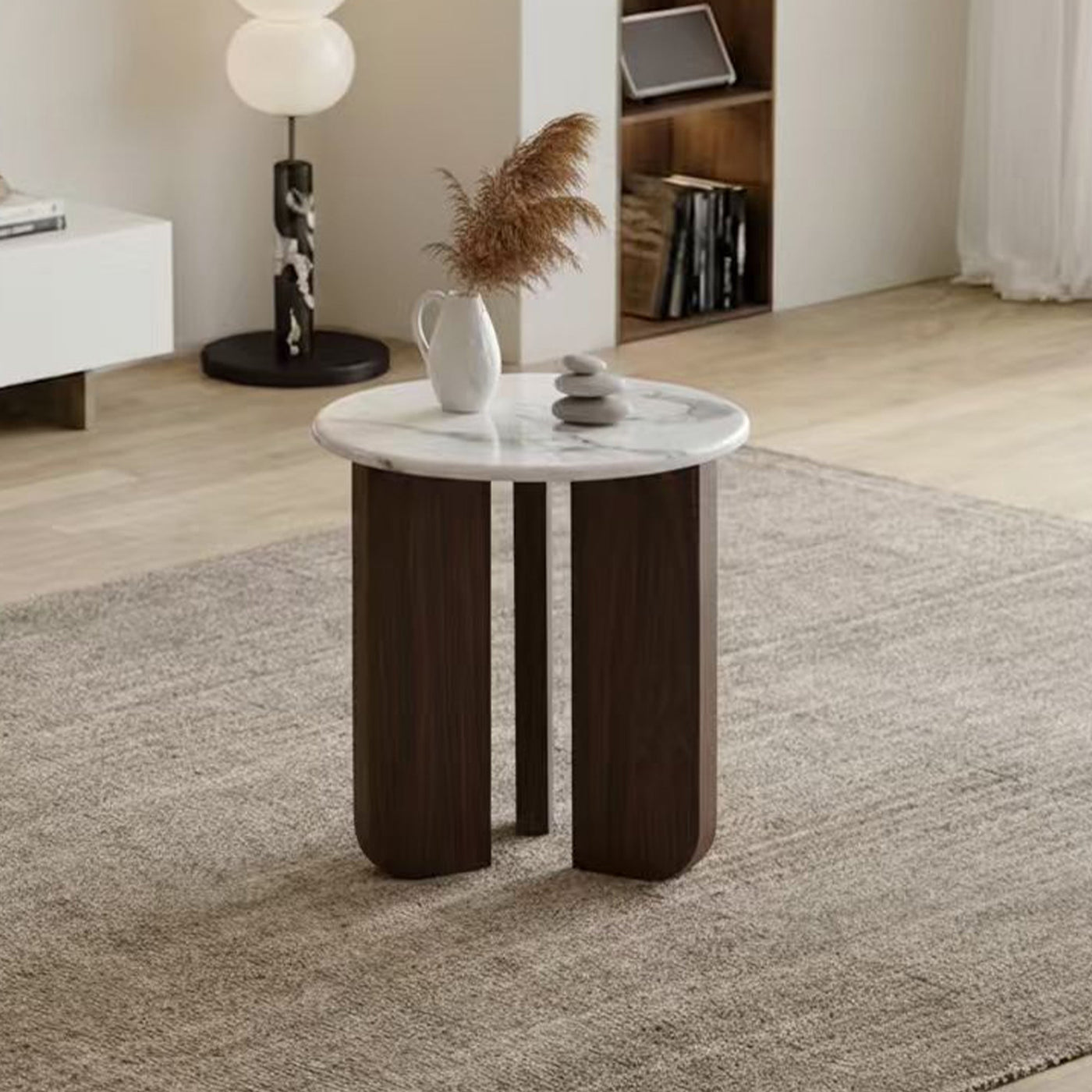 ELODIE - 45 Table d'appoint ronde en marbre composite pieds couleur bois foncé D45 cm - Table basse - Mobilier Deco